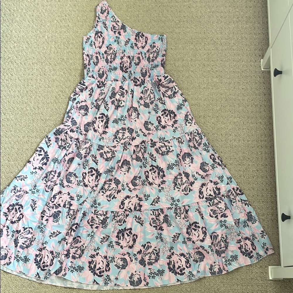 GORGEOUS Floral One-Shoulder DRESS - Pink and Blue